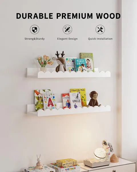 Aeelleea 4 Pack Scalloped Floating Wall Shelves, White Kids Book Shelves, Wooden Display Storage Shelf for Nursery Bedroom Decor