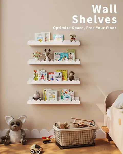 Aeelleea 4 Pack Scalloped Floating Wall Shelves, White Kids Book Shelves, Wooden Display Storage Shelf for Nursery Bedroom Decor