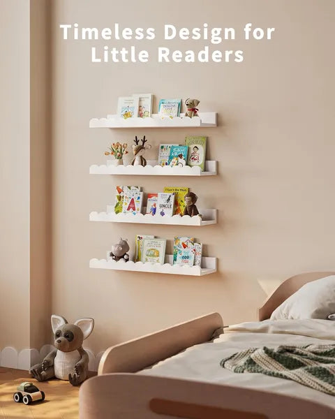 Aeelleea 4 Pack Scalloped Floating Wall Shelves, White Kids Book Shelves, Wooden Display Storage Shelf for Nursery Bedroom Decor