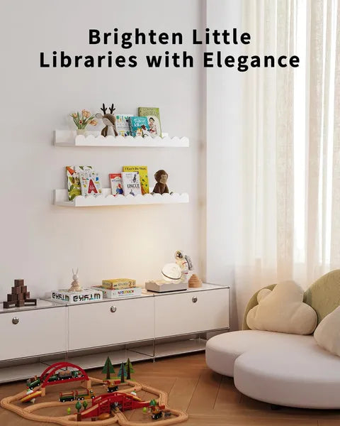 Aeelleea 4 Pack Scalloped Floating Wall Shelves, White Kids Book Shelves, Wooden Display Storage Shelf for Nursery Bedroom Decor