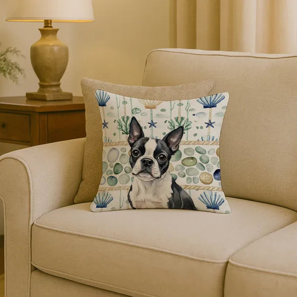 Aeelleea Boston Terrier Coastal Sea Glass Pillow 18x18 Indoor Outdoor Decorative