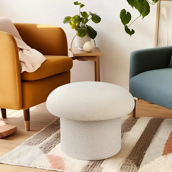 White Boucle Mushroom Storage Ottoman, Collapsible Upholstered Stool with Hidden Storage, Extra Seat Footrest for Living Room Bedroom Home Decor