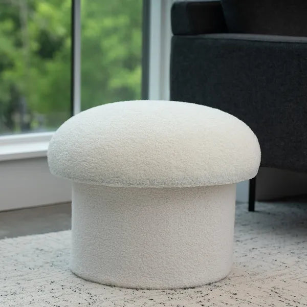 White Boucle Mushroom Storage Ottoman, Collapsible Upholstered Stool with Hidden Storage, Extra Seat Footrest for Living Room Bedroom Home Decor