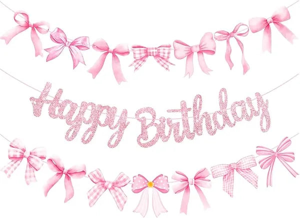 3‑Pcs Pink Coquette Bow Happy Birthday Banners, Glitter Bow‑Theme Party Decor, for Girls Princess Birthday & Baby Shower Supplies