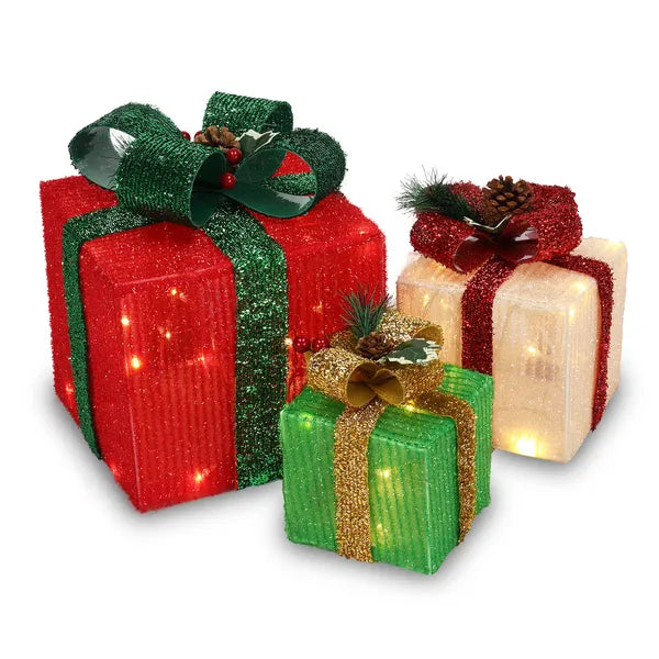 Aeelleea Set of 3 Christmas Lighted Gift Boxes, 60 Warm White LED, ABS Frame Onion Cloth Light Up Gift Box for Indoor Outdoor Christmas Decor