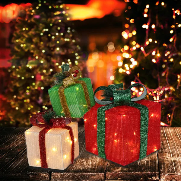 Aeelleea Set of 3 Christmas Lighted Gift Boxes, 60 Warm White LED, ABS Frame Onion Cloth Light Up Gift Box for Indoor Outdoor Christmas Decor