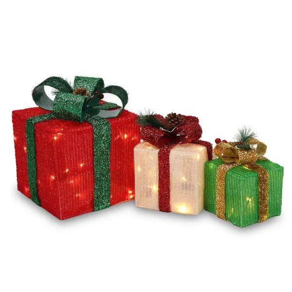Aeelleea Set of 3 Christmas Lighted Gift Boxes, 60 Warm White LED, ABS Frame Onion Cloth Light Up Gift Box for Indoor Outdoor Christmas Decor