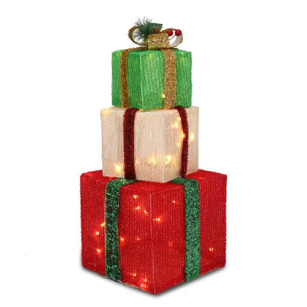 Aeelleea Set of 3 Christmas Lighted Gift Boxes, 60 Warm White LED, ABS Frame Onion Cloth Light Up Gift Box for Indoor Outdoor Christmas Decor