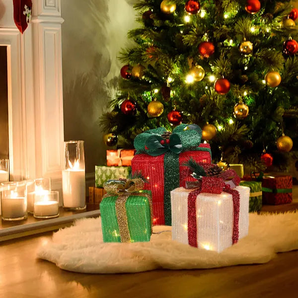 Aeelleea Set of 3 Christmas Lighted Gift Boxes, 60 Warm White LED, ABS Frame Onion Cloth Light Up Gift Box for Indoor Outdoor Christmas Decor
