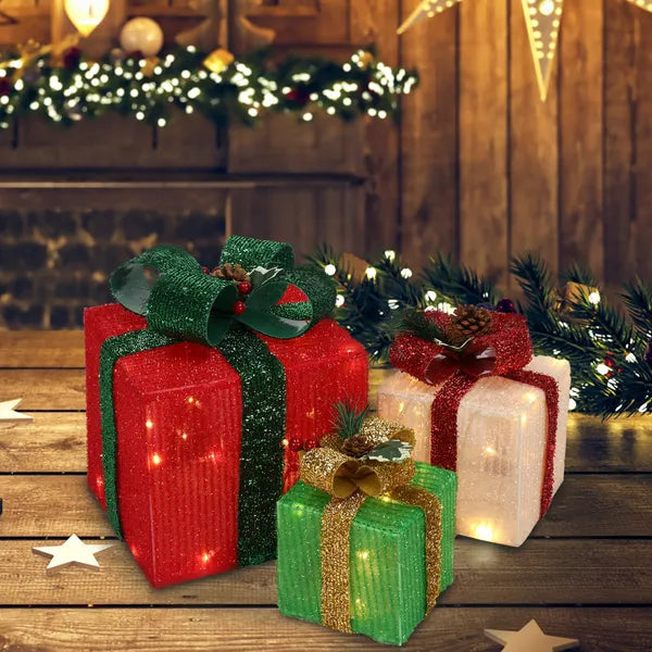Aeelleea Set of 3 Christmas Lighted Gift Boxes, 60 Warm White LED, ABS Frame Onion Cloth Light Up Gift Box for Indoor Outdoor Christmas Decor