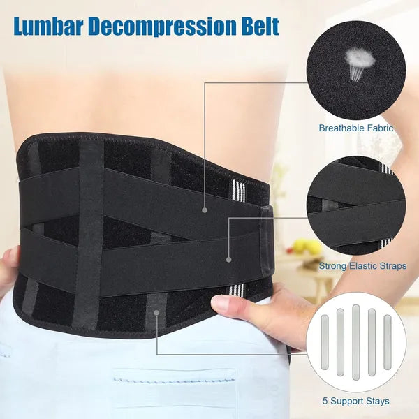 Adjustable Lumbar Support Back Brace with 5 Support Stays, Breathable Lower Back Support Belt for Men & Women