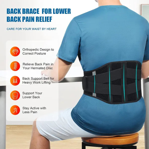 Adjustable Lumbar Support Back Brace with 5 Support Stays, Breathable Lower Back Support Belt for Men & Women