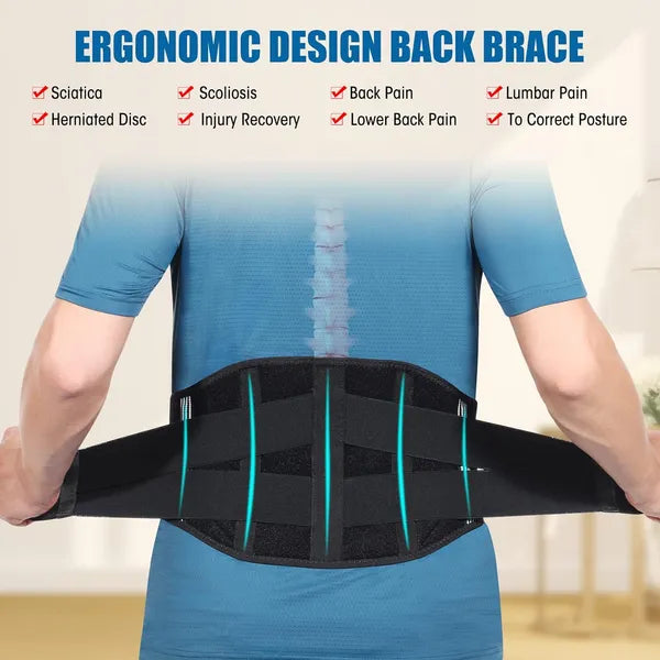 Adjustable Lumbar Support Back Brace with 5 Support Stays, Breathable Lower Back Support Belt for Men & Women