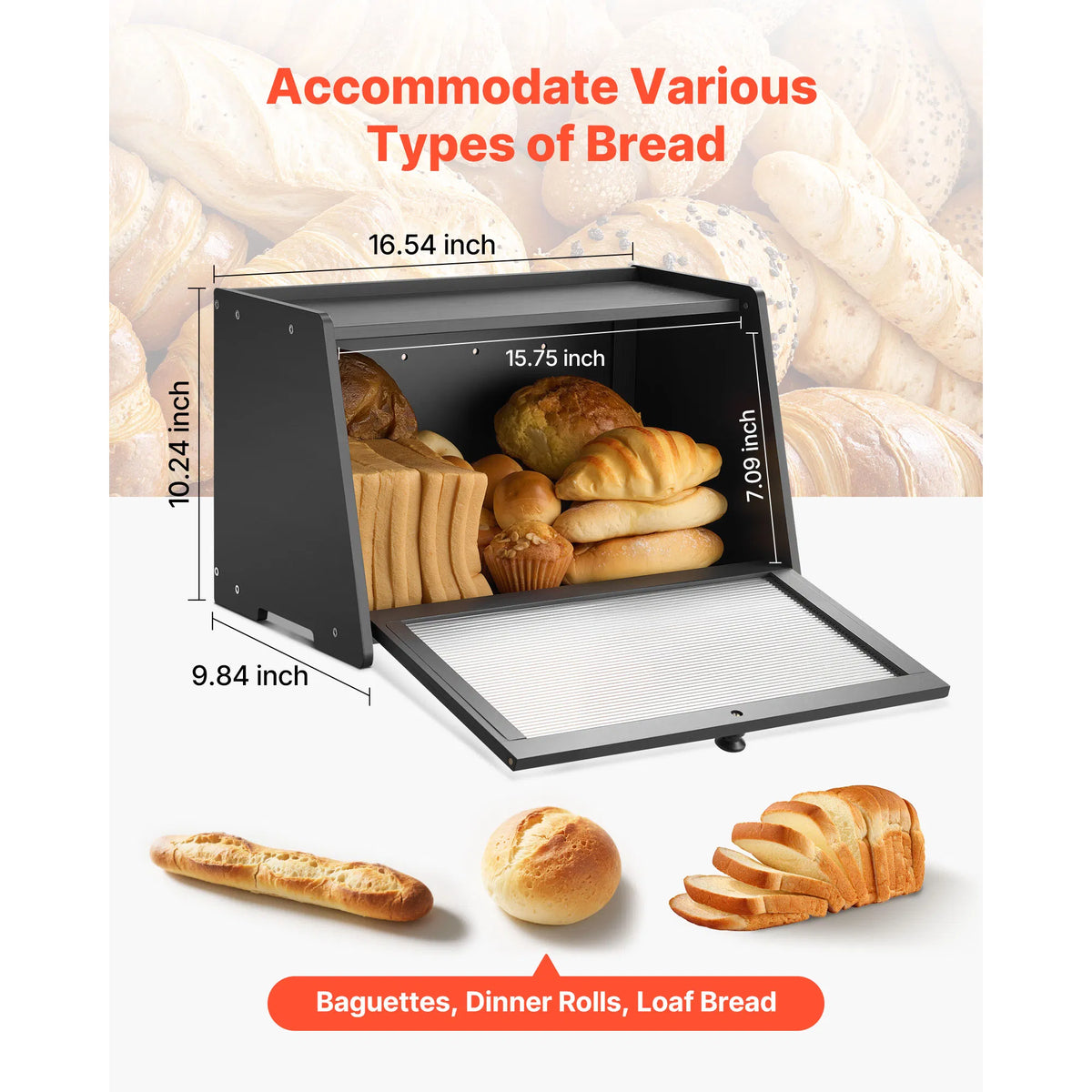 Bamboo Countertop Bread Box, Large‑Capacity Farmhouse‑Style Bread Storage Bin with Wavy Acrylic Magnetic Door, Black for Kitchen Counter
