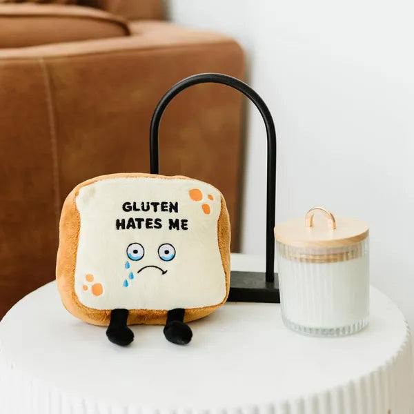 AEELLEEA 6-Inch Bread Plush Toy with “Gluten Hates Me” Embroidered Design, Cute Soft Novelty Plush