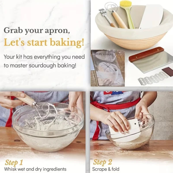Aeelleea 9 Inch Round Rattan Sourdough Banneton Kit, Indonesian Rattan Bread Proofing Basket with Baking Tools for Artisan Bread Making