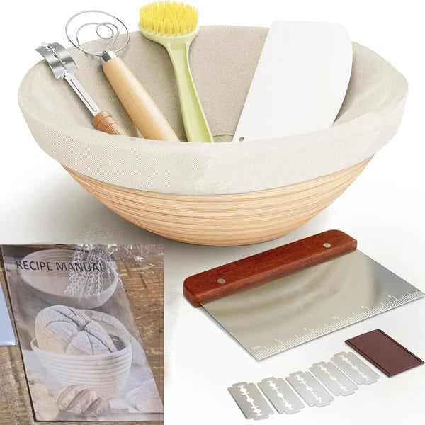 Aeelleea 9 Inch Round Rattan Sourdough Banneton Kit, Indonesian Rattan Bread Proofing Basket with Baking Tools for Artisan Bread Making