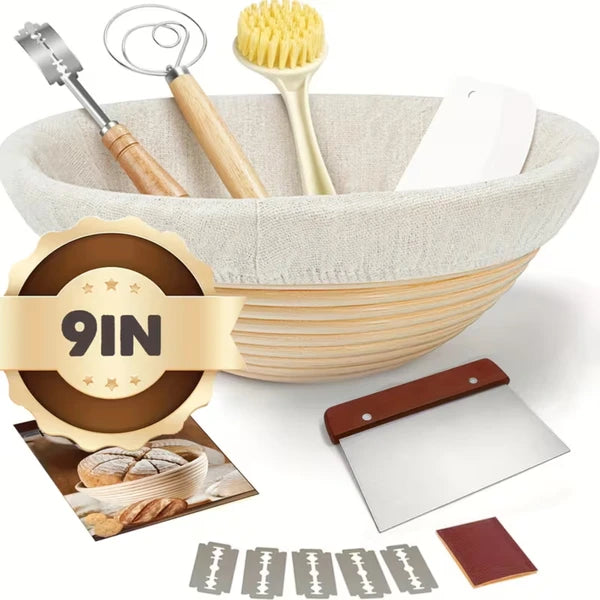 Aeelleea 9 Inch Round Rattan Sourdough Banneton Kit, Indonesian Rattan Bread Proofing Basket with Baking Tools for Artisan Bread Making