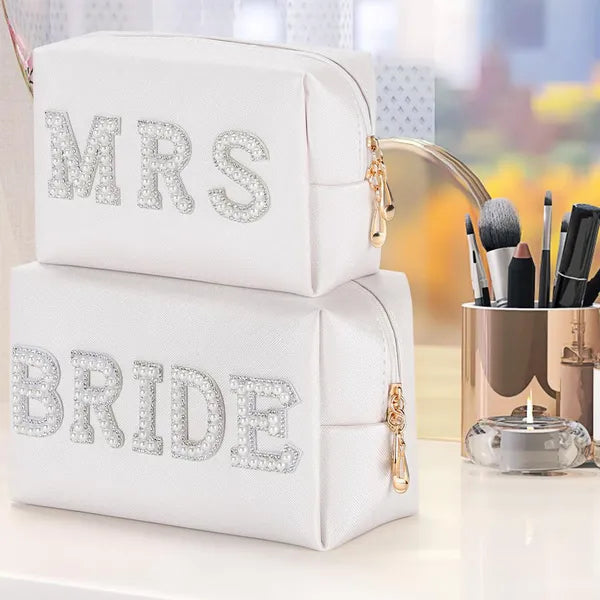 BRIDE & MRS Pearl Rhinestone Makeup Bag Set, Waterproof Leather Toiletry Pouch, Bridal Shower Gift