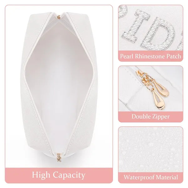 BRIDE & MRS Pearl Rhinestone Makeup Bag Set, Waterproof Leather Toiletry Pouch, Bridal Shower Gift