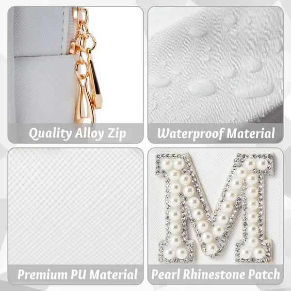 BRIDE & MRS Pearl Rhinestone Makeup Bag Set, Waterproof Leather Toiletry Pouch, Bridal Shower Gift