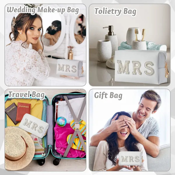 BRIDE & MRS Pearl Rhinestone Makeup Bag Set, Waterproof Leather Toiletry Pouch, Bridal Shower Gift