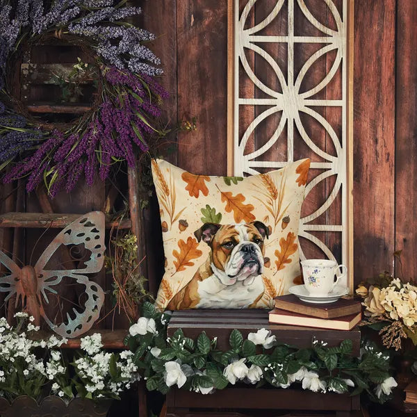Aeelleea Brindle White English Bulldog Heirloom Fall Pillow 14x14 Autumn Dog Decor