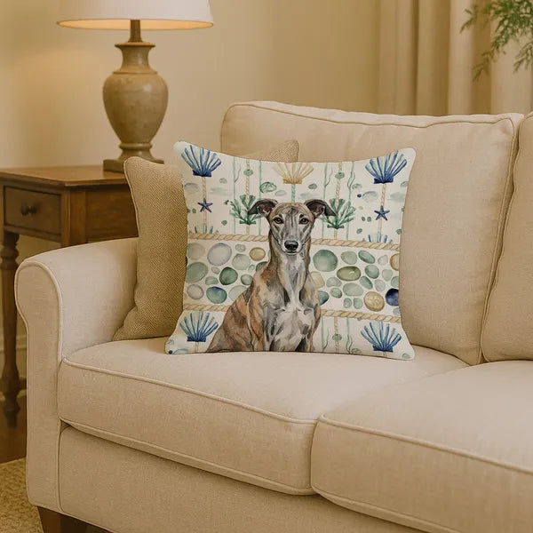 Aeelleea Brindle Greyhound Coastal Sea Glass Pillow 14x14 in, Beach Dog Cushion