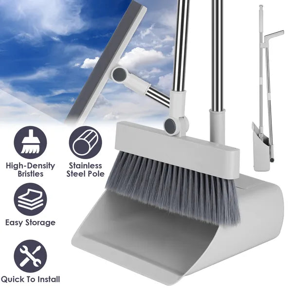 AEELLEEA 4 In 1 Broom and Dustpan Combo Set with Squeegee, Stainless Steel Handle Upright Cleaning Set for Kitchen Office Garage