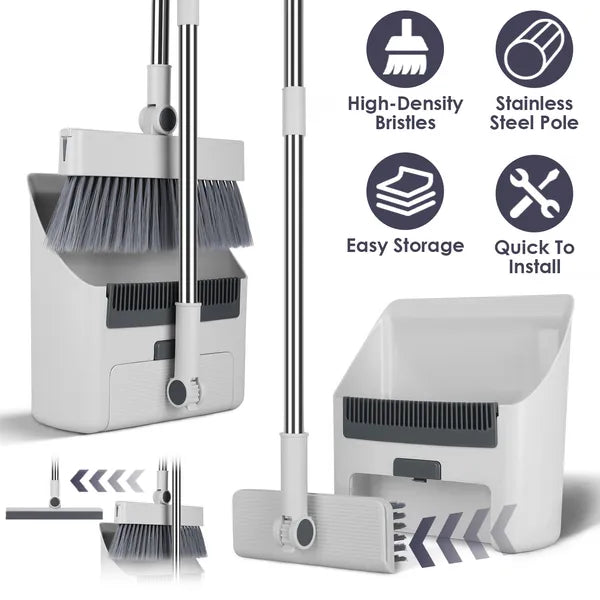 AEELLEEA 4 In 1 Broom and Dustpan Combo Set with Squeegee, Stainless Steel Handle Upright Cleaning Set for Kitchen Office Garage