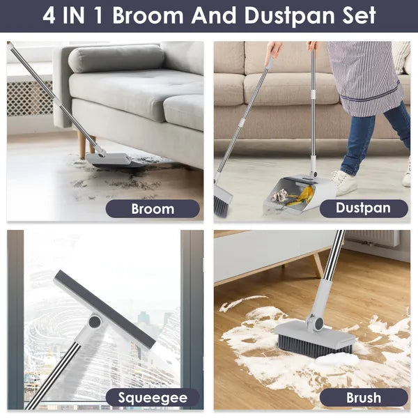 AEELLEEA 4 In 1 Broom and Dustpan Combo Set with Squeegee, Stainless Steel Handle Upright Cleaning Set for Kitchen Office Garage