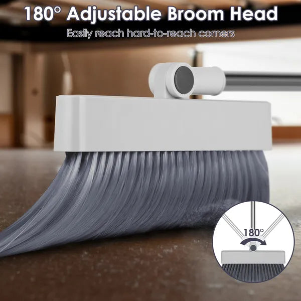 AEELLEEA 4 In 1 Broom and Dustpan Combo Set with Squeegee, Stainless Steel Handle Upright Cleaning Set for Kitchen Office Garage