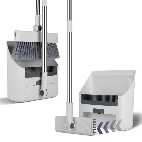 AEELLEEA 4 In 1 Broom and Dustpan Combo Set with Squeegee, Stainless Steel Handle Upright Cleaning Set for Kitchen Office Garage