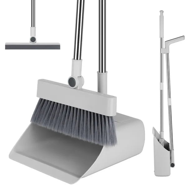 AEELLEEA 4 In 1 Broom and Dustpan Combo Set with Squeegee, Stainless Steel Handle Upright Cleaning Set for Kitchen Office Garage