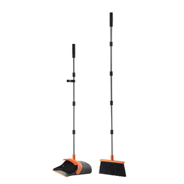 Broom and Dustpan Set, Long Handle with Comb Teeth, Soft PET Bristles, Household Floor Cleaning Sweeping Kit