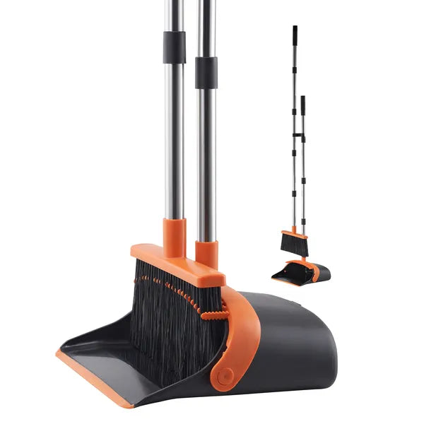 Broom and Dustpan Set, Long Handle with Comb Teeth, Soft PET Bristles, Household Floor Cleaning Sweeping Kit