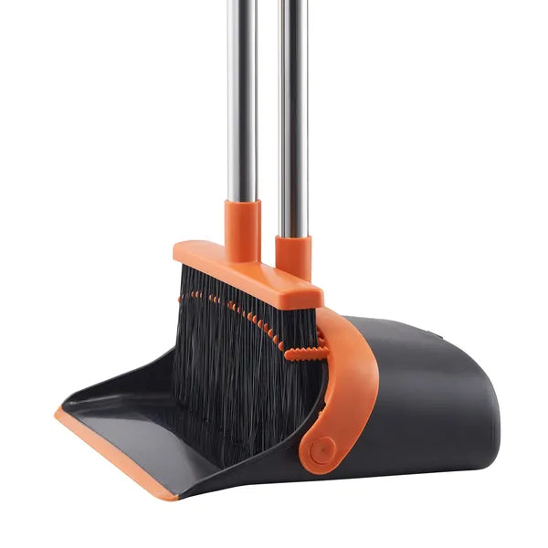 Broom and Dustpan Set, Long Handle with Comb Teeth, Soft PET Bristles, Household Floor Cleaning Sweeping Kit