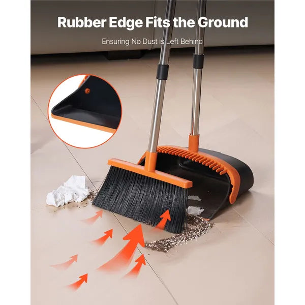Broom and Dustpan Set, Long Handle with Comb Teeth, Soft PET Bristles, Household Floor Cleaning Sweeping Kit