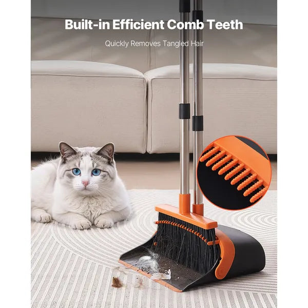 Broom and Dustpan Set, Long Handle with Comb Teeth, Soft PET Bristles, Household Floor Cleaning Sweeping Kit
