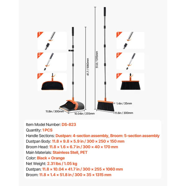 Broom and Dustpan Set, Long Handle with Comb Teeth, Soft PET Bristles, Household Floor Cleaning Sweeping Kit