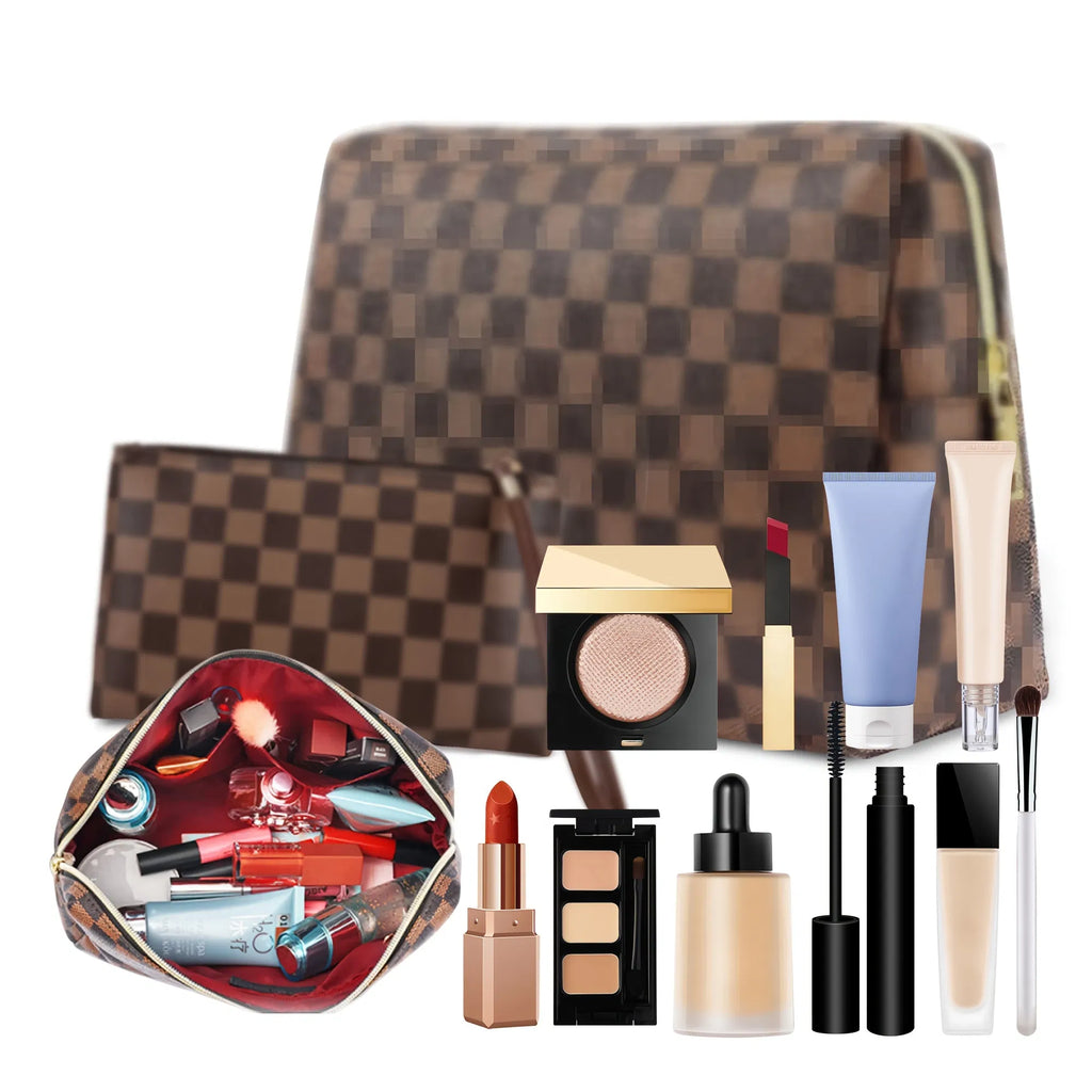 2pc Checkered Makeup Bag Set, Waterproof PU Leather Cosmetic Organizer Pouch with Zipper, Travel Toiletry Bag for Women