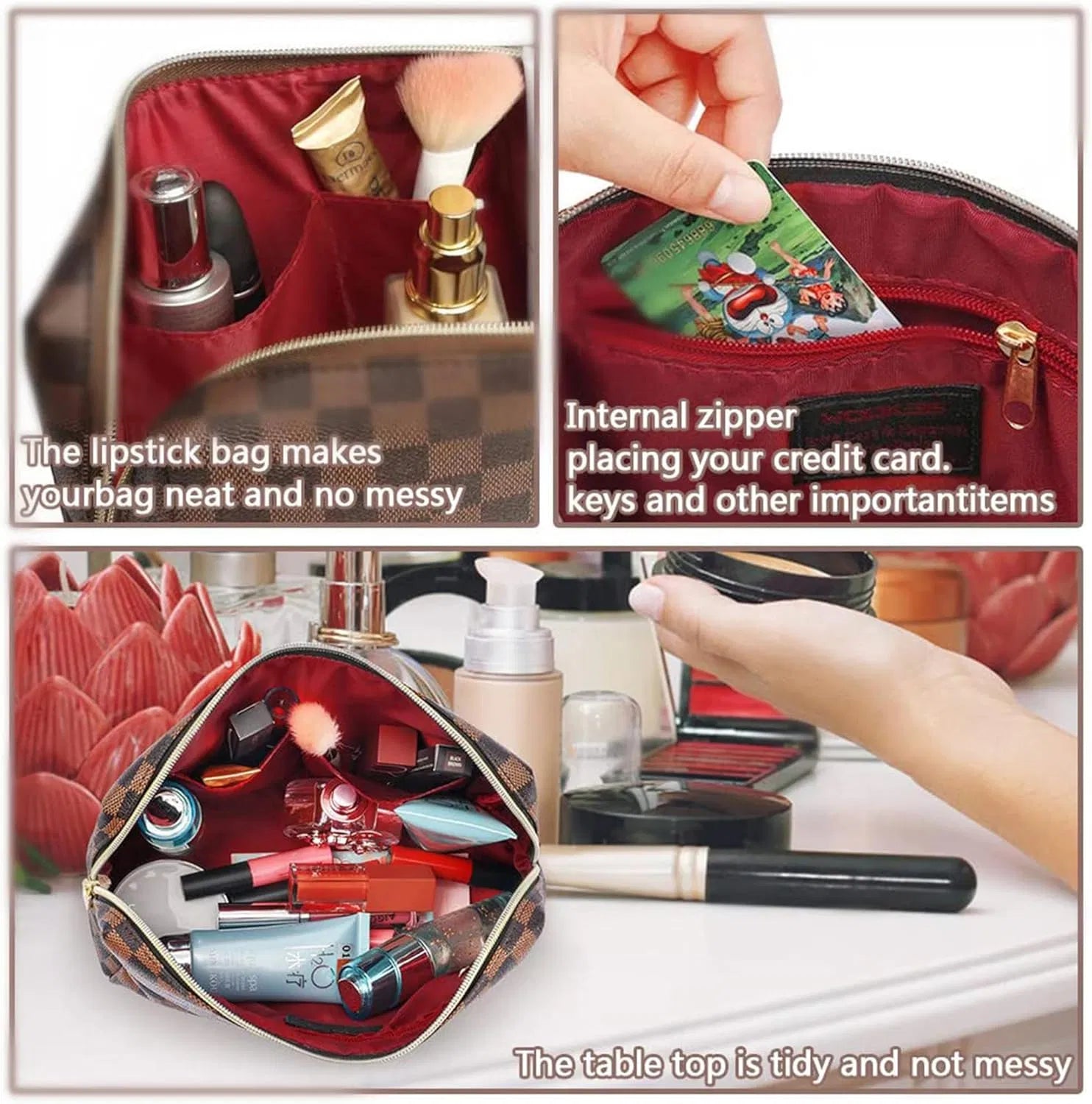2pc Checkered Makeup Bag Set, Waterproof PU Leather Cosmetic Organizer Pouch with Zipper, Travel Toiletry Bag for Women