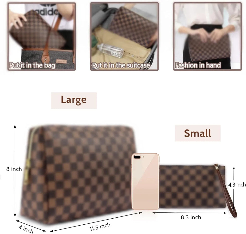 2pc Checkered Makeup Bag Set, Waterproof PU Leather Cosmetic Organizer Pouch with Zipper, Travel Toiletry Bag for Women