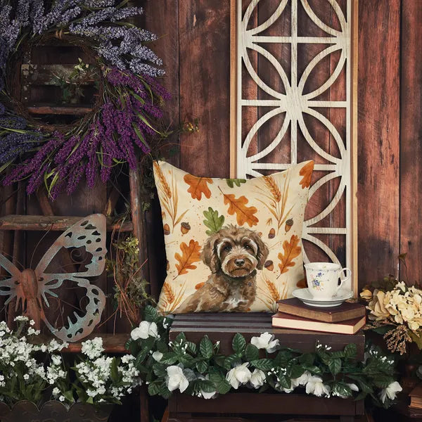 Aeelleea Brown Portuguese Water Dog Heirloom Fall Pillow 18x18 Autumn Dog Deco