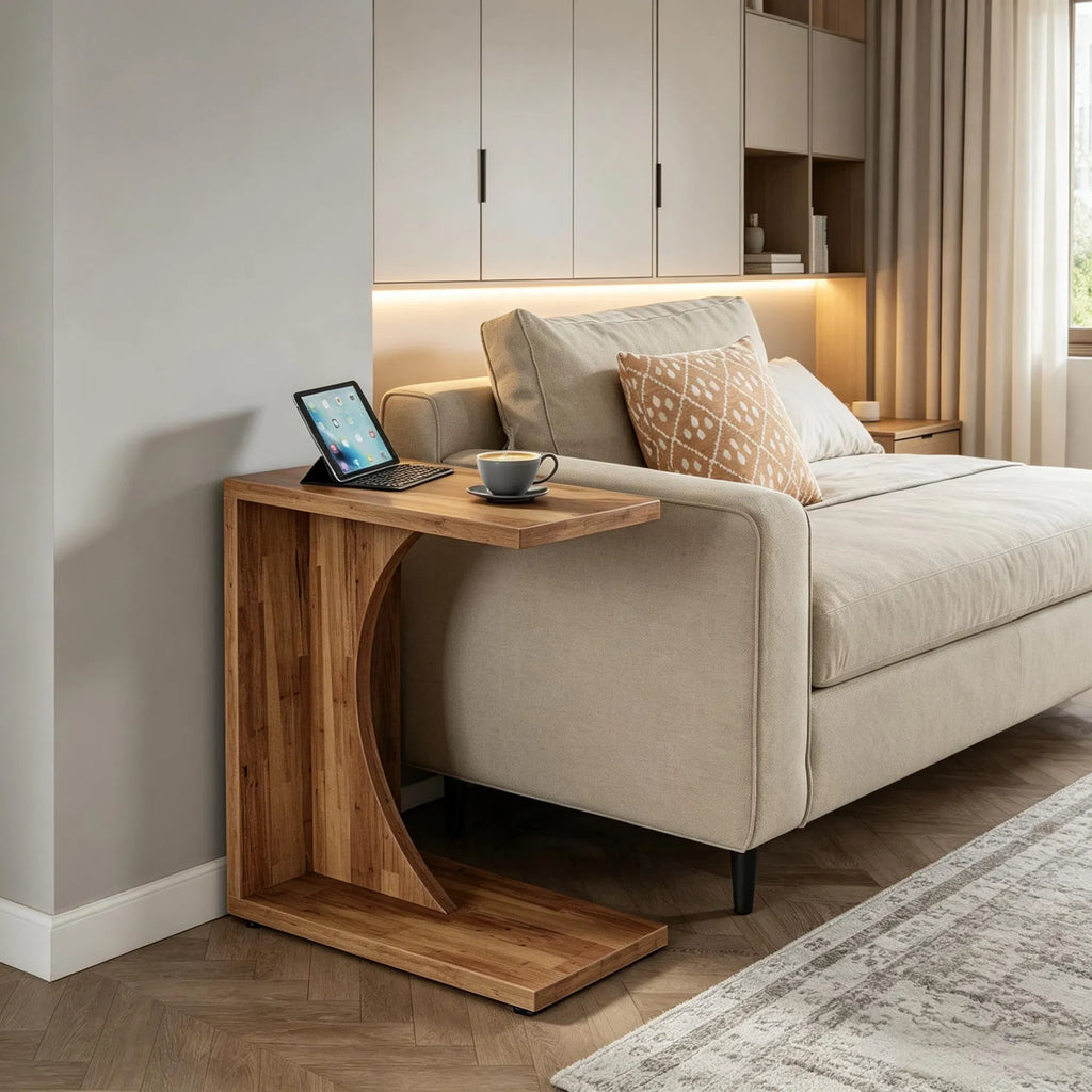 C-Shaped Sofa Side End Table, 2-Tier Storage Couch Table, Minimalist Accent Table for Bedroom & Living Room