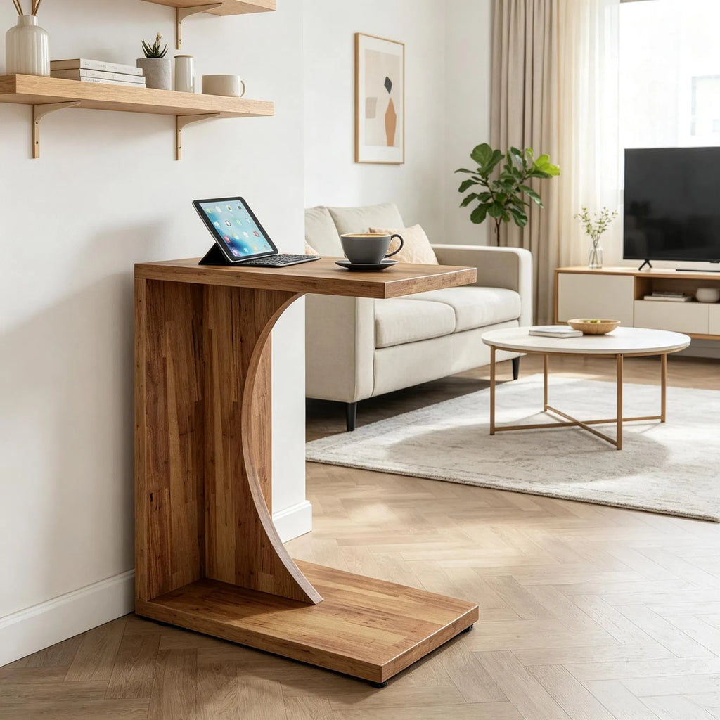 C-Shaped Sofa Side End Table, 2-Tier Storage Couch Table, Minimalist Accent Table for Bedroom & Living Room