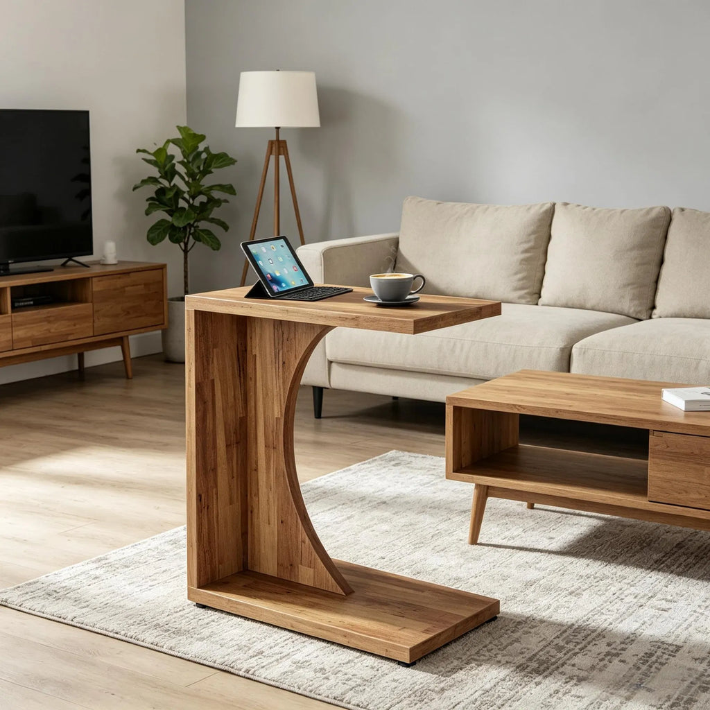 C-Shaped Sofa Side End Table, 2-Tier Storage Couch Table, Minimalist Accent Table for Bedroom & Living Room