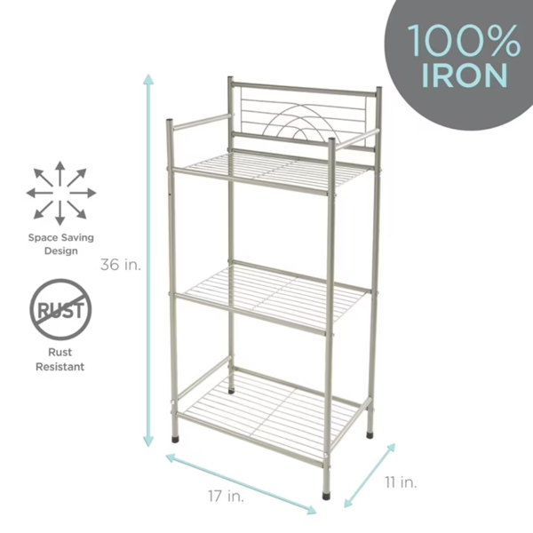 AEELLEEA 17" x 11" x 36" 3-Tier Iron Bathroom Shelf, Freestanding Rust Resistant Storage Rack in Satin Nickel Finish