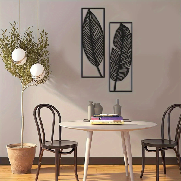 Metal Wall Decor 2 Pack, Black Tropical Leaf Wall Art, Hollow Leaves Wall Sculptures for Living Room Bedroom
