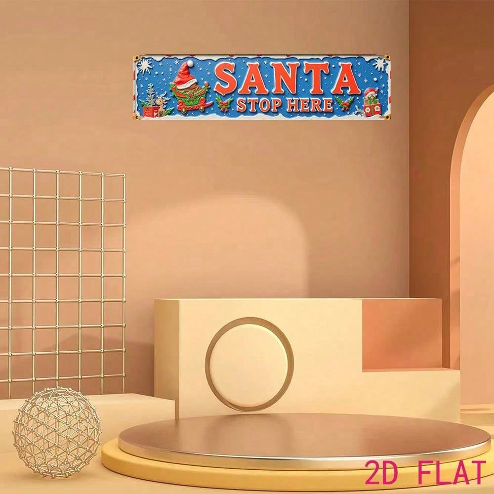 AEELLEEA-Santa Stop Here Christmas Metal Sign, 2D Flat Printed Holiday Tin Plaque, Waterproof Aluminum Wall Decor